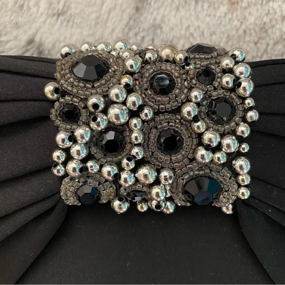 Jessica McClintock Satin Black Beaded Rhinestone Evening Clutch Purse handbag